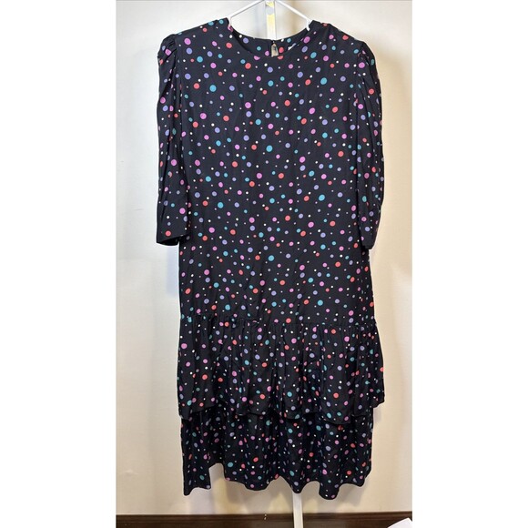 Vtg 80s Secretary Dress Sz 14 Polka Dot Ruffle Sh. Pads Skirt Midi Length - Picture 1 of 9